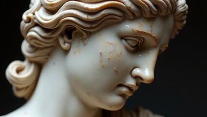 Ancient Greek marble statue head with weathered texture and intricate features