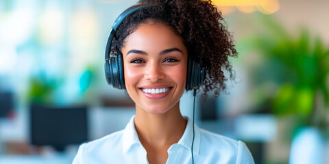 Fototapeta premium Friendly customer service representative with headphones, vibrant office background, ideal for corporate communication and customer support themes.