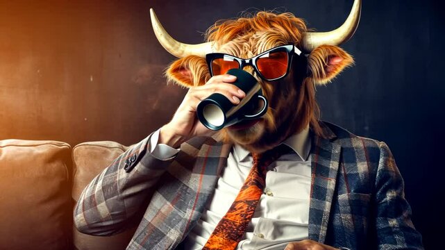 Bull businessman drinking coffee on sofa