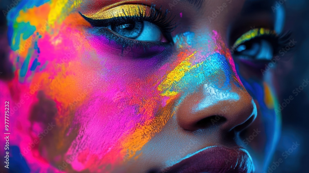 Canvas Prints Close-up of a Woman's Face Covered in Bright, Neon Paint