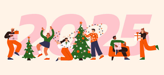 Fototapeta premium !People celebrate Christmas vector flat illustration. Friends dancing in New Year 2025 party. Winter holidays banner