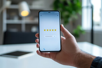Businessman is holding a smartphone displaying a five star rating on a customer satisfaction survey