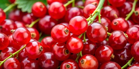  A detailed close-up of ripe red currants, showcasing their vibrant color and fresh, glossy texture. Perfect for illustrating fresh summer fruits and healthy eating.