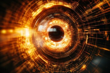 Obraz premium Abstract glowing mechanical eye with digital circuits and patterns representing AI vision machine intelligence and cybernetic surveillance in a high tech world