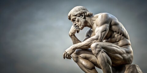 Obraz premium A marble statue of a thinking man against a gray background, representing contemplation and philosophical thought. Ideal for art, creativity, and intellectual concepts.