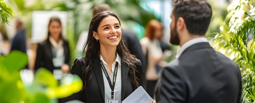 Smiling Businesswoman Engaged in Professional Conversation at Networking Event. Corporate Meeting in Lush Green Environment - Powered by Adobe