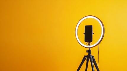 Modern tripod with a ring light and smartphone, set against a yellow background with space for text