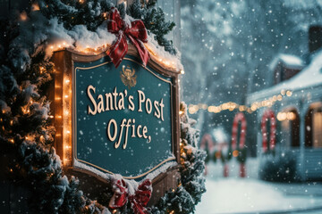 Snow falling on santa's post office sign during christmas time