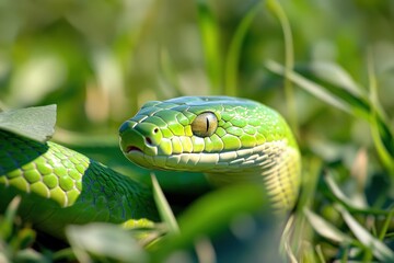 Fototapeta premium Green Snake in the Grass. Reptile Wildlife in Nature Setting