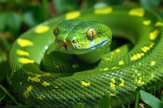 Green Snake in the Grass. Wildlife Reptile Camouflaged in Nature