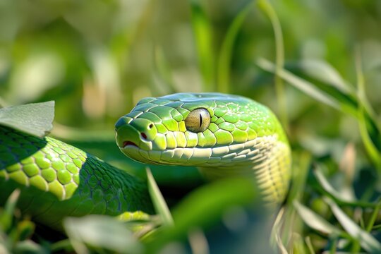 Green Snake in the Grass. Reptile Wildlife in Nature Setting