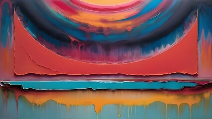 vibrant and colorful abstract painting with a mix of red, blue, and yellow hues, featuring a swirling pattern and drips of paint