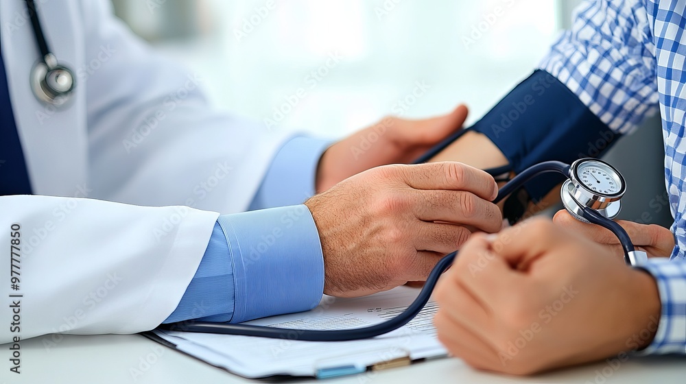 Wall mural doctor measuring patient's blood pressure with sphygmomanometer