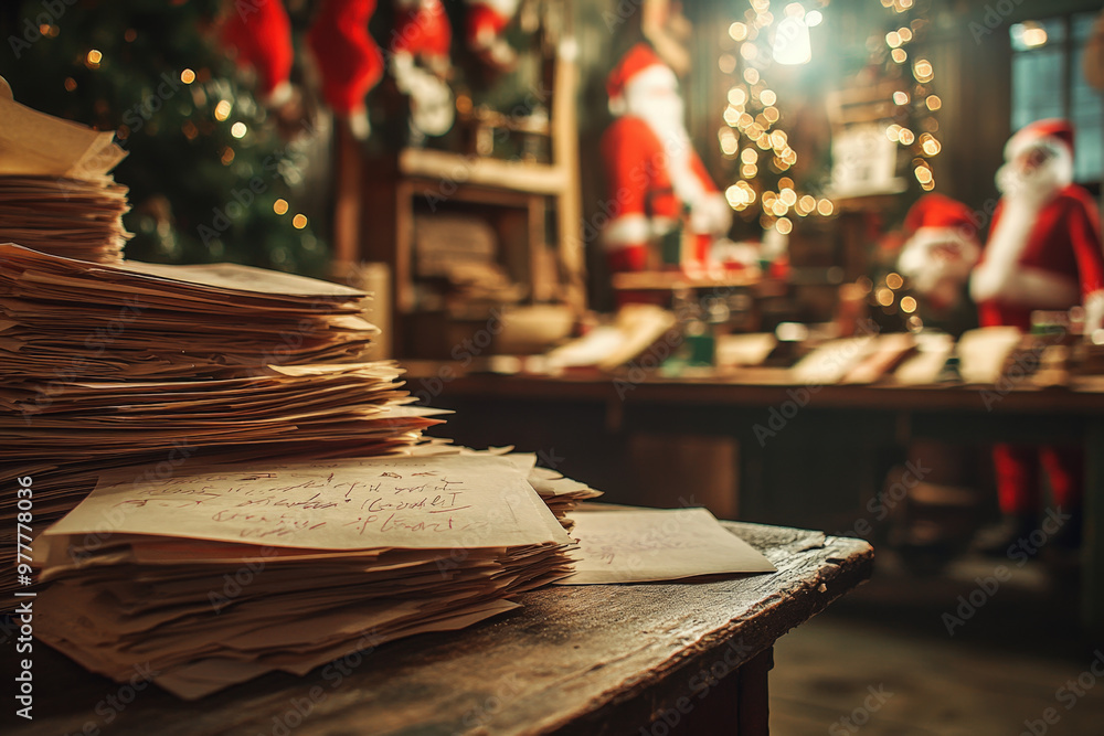 Poster santa claus workshop with letters to santa on table and elves working in background