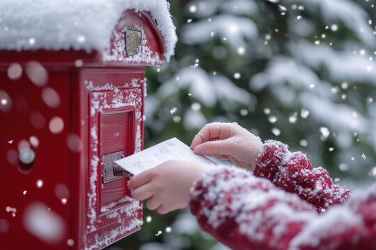 Child is putting an envelope in a red mailbox on a snowy christmas day