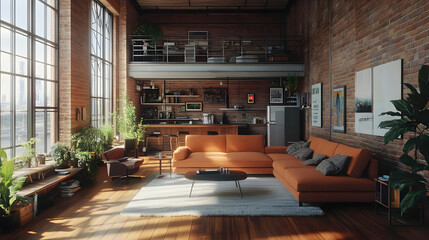 Obraz premium Modern Loft Apartment Interior Design with Exposed Brick Walls and Large Windows - 3D Illustration