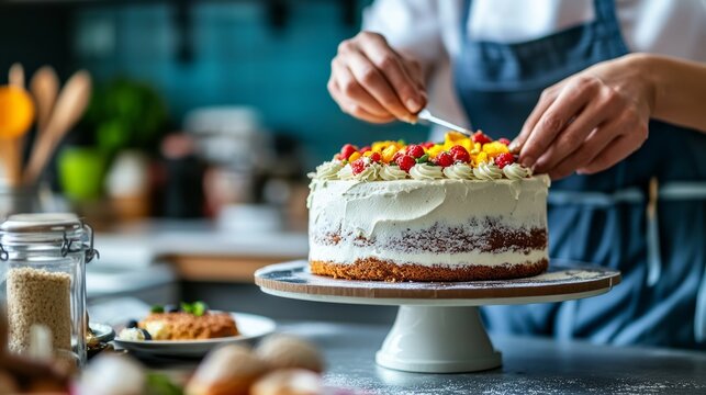 Pastry chef decorates a cake with fresh fruit in a busy kitchen, showcasing skill and passion. Perfect for any celebration, adding artistry and flavor