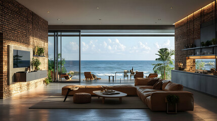 Obraz premium Modern Living Room with Ocean View 3D Rendering