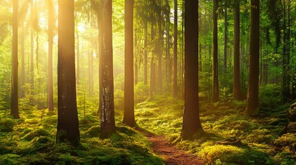 Fototapeta premium Sunlight pierces through the dense forest, illuminating the lush green foliage and moss-covered ground, creating a serene and magical atmosphere.