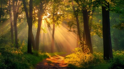 Obraz premium Sunlight filtering through dense forest trees illuminating a tranquil path with a warm, golden glow.