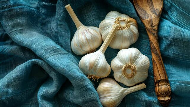 Fresh white garlic bulbs on a blue fabric backdrop with wooden kitchen utensil in natural light