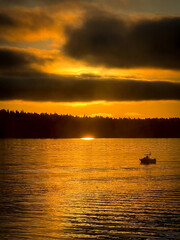 Golden Sunrise Over Puget Sound with Fishing Boat Silhouette, Seattle