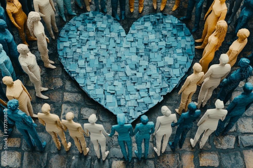 Poster abstract group of wooden figures forming a heart shape symbolizing unity support and connection with