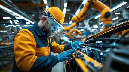 Engineer working on machinery in a modern factory, wearing safety gear including a helmet, safety glasses, and gloves, with robotic arms in the background.