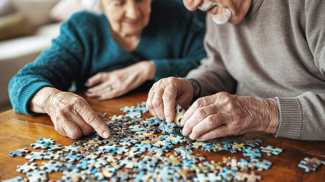 Seniors solving puzzle together, enjoying pastime, hands at table, teamwork, elderly leisure activity concept - Powered by Adobe
