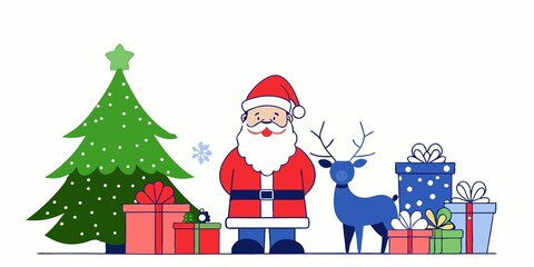 Santa Claus with reindeer and Christmas tree, cheerful mood, surrounded by gifts, on a white background, copy space