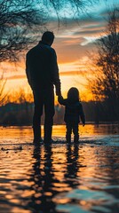 A Serene Sunset Moment by the Water With a Parent and Child Holding Hands in Nature
