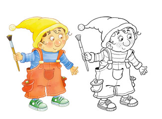 Seven colors of rainbow. A cute funny gnome wearing a yellow hat is painting with yellow color. Illustration for children. Cute and funny cartoon characters