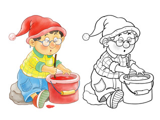 Seven colors of rainbow. A cute funny gnome wearing a red hat is painting with red color. Illustration for children. Cute and funny cartoon characters