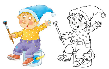 Seven colors of rainbow. A cute funny gnome wearing a blue hat is painting with blue color. Illustration for children. Cute and funny cartoon characters