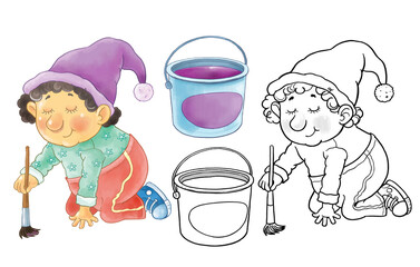 Seven colors of rainbow. A cute funny gnome wearing a violet hat is painting with violet color. Illustration for children. Cute and funny cartoon characters