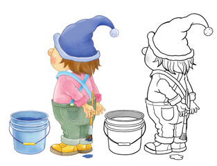 Seven colors of rainbow. A cute funny gnome wearing an indigo hat is painting with indigo color. Illustration for children. Cute and funny cartoon characters