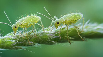 Fototapeta premium Closeup view of green aphids on plant stem, macro photography of garden pests, tiny insects on foliage, detailed nature shot, garden health concept