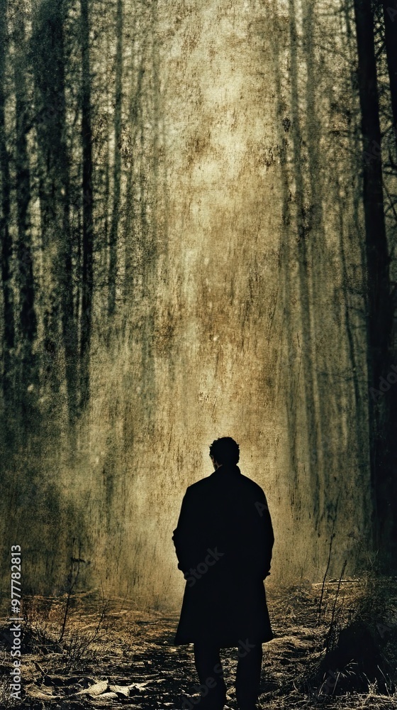 Poster a solitary figure walks through an eerie forest illuminated by soft light in twilight hours
