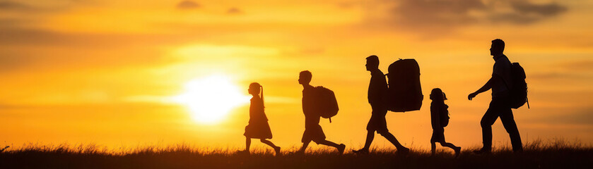 A family silhouette walking together at sunset, symbolizing adventure, journey, and unity in a serene natural setting.
