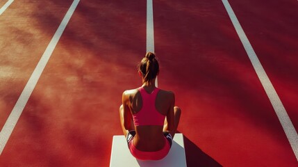 Female athlete sitting on a starting block on a running track. The scene is characterized by the athlete's poised stance, the vibrant red of the track, and the contrasting white lines