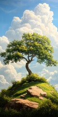 Obraz premium A serene landscape featuring a solitary tree atop a lush hill, surrounded by vibrant greenery and a stunning cloud-filled sky.