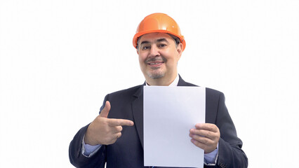 Smiling Construction Engineer in Suit and Hard Hat Holding Blank Paper