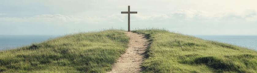 A serene pathway leads to a cross atop a green hill, symbolizing faith, hope, and spirituality in a tranquil landscape.