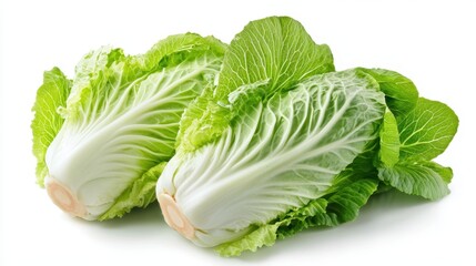 Two heads of Chinese cabbage with green leaves and white cores are placed side by side on a white background