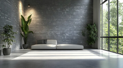 Modern Living Room with Brick Wall and White Sofa - 3D Illustration
