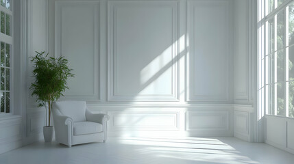 Fototapeta premium White Room Interior Design with Armchair and Plant - 3D Illustration