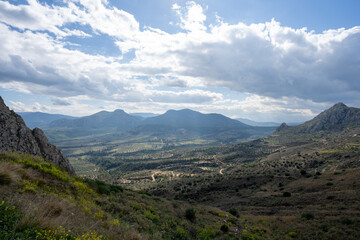 Amazing view from the AcroKorinth in Greece. Hills, mountains and valleys