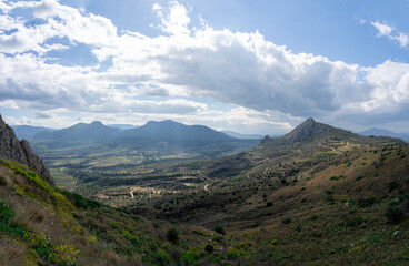 Naklejka premium Amazing view from the AcroKorinth in Greece. Hills, mountains and valleys