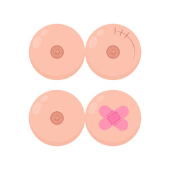 Pairs of female breasts with scar and bandage in honor of Breast Cancer Awareness Day