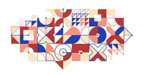 Fototapeta premium Abstract geometric artistic vector background in ethnic colors, Bauhaus style wallpaper with circles triangles and lines, pattern artwork geometrical abstraction.